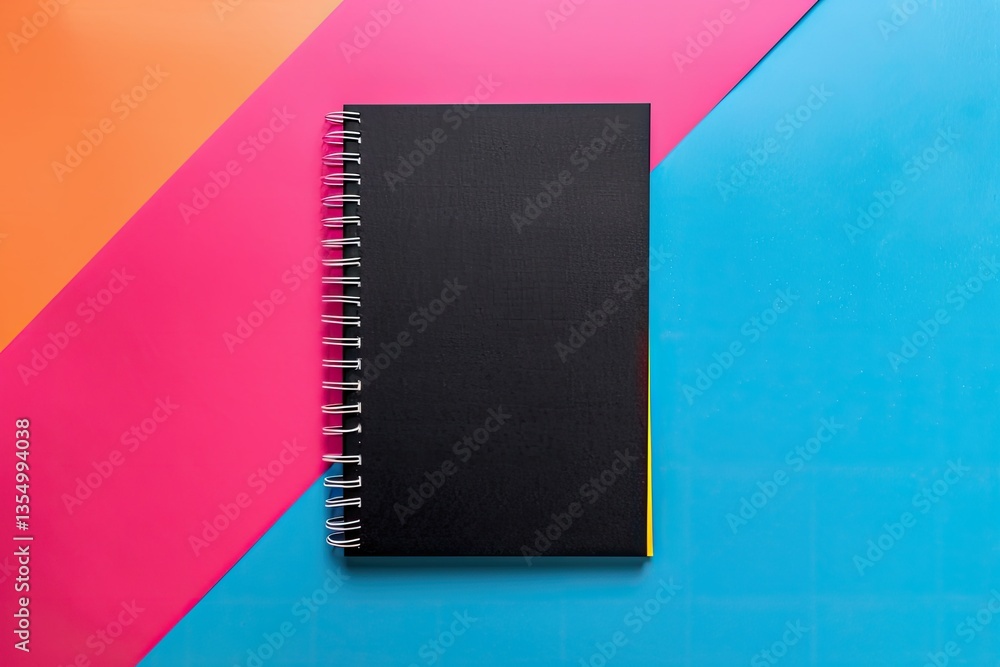 Poster school notebook on a colored background spiral black notepad on a table top view