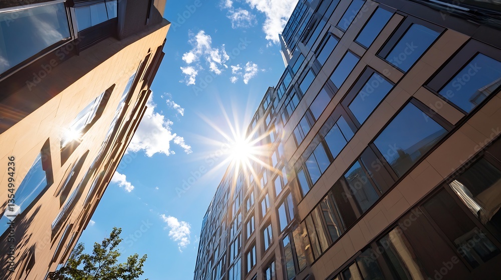 Aufkleber upward perspective of modern buildings with reflective glass windows illuminated by bright sunlight 