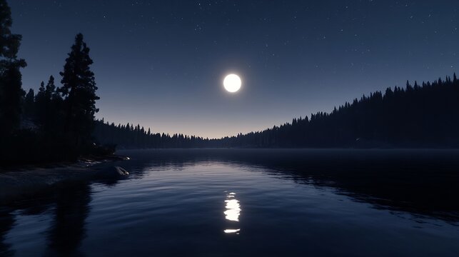 Moonlit reflection on a calm lake surrounded by trees under a clear night sky for peaceful landscape : Generative AI
