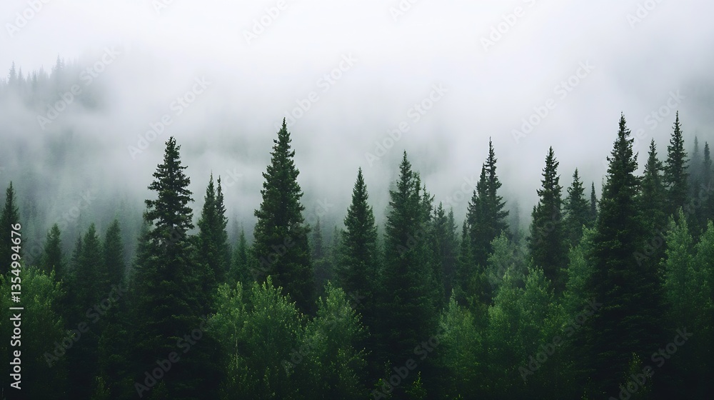 Poster misty forest landscape with lush green trees and a dreamy atmosphere creating a serene natural scene