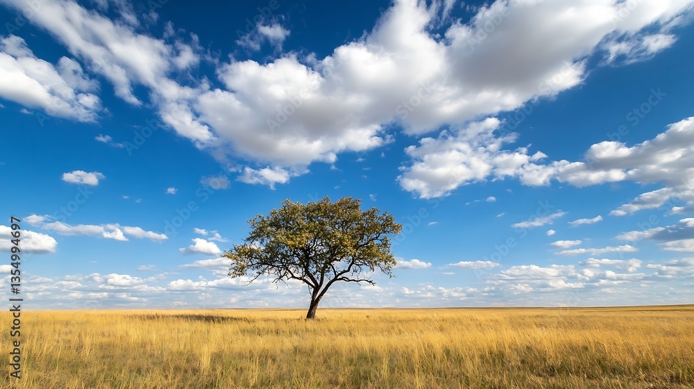 Aufkleber Lone tree amidst a vast golden field under a blue sky adorned with fluffy white clouds creating a serene landscape : Generative AI