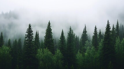 Fototapeta premium Misty Forest Landscape with Lush Green Trees and a Dreamy Atmosphere Creating a Serene Natural Scene : Generative AI