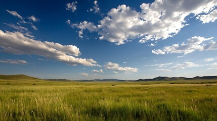 Obraz premium Expansive green meadow under a bright blue sky adorned with fluffy white clouds and distant mountains : Generative AI