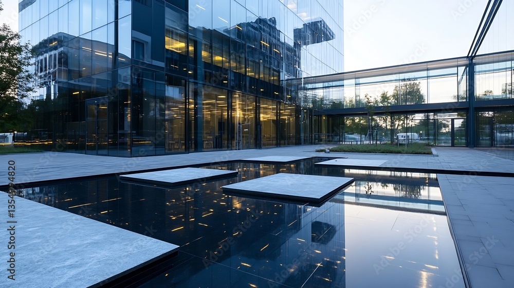 Aufkleber Modern glass building with reflections and serene water feature in outer city area during twilight : Generative AI