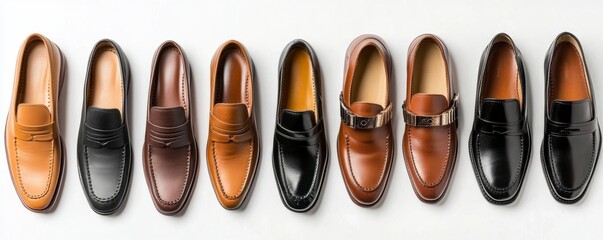 white background cutouts of classic formal occasion shoes collection Set of classical leather Penny Loafers and metal strap shoes in different styles and colors