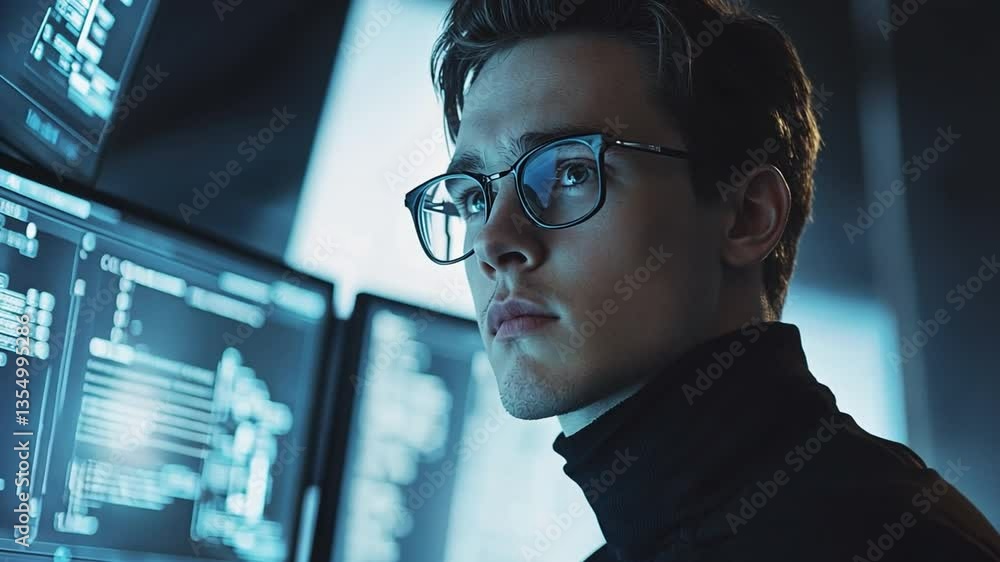 Poster tech savvy: a focused individual, illuminated by the glow of multiple computer monitors displaying c