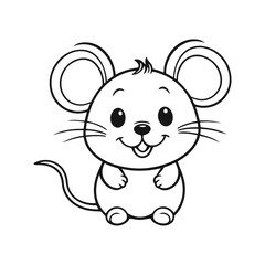 A black and white vector silhouette of a baby mouse with a happy face, its ears perked in excitement on a white background