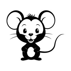A minimalistic black and white vector illustration of a smiling baby mouse with perked-up ears on a clean white background