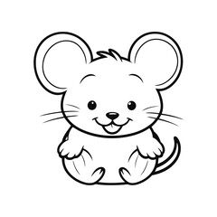 A black and white vector silhouette of an adorable baby mouse sitting with a happy face, looking friendly on a white background