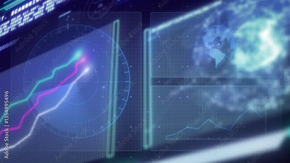 Poster analyzing data with graphs and world map in futuristic digital animation interface
