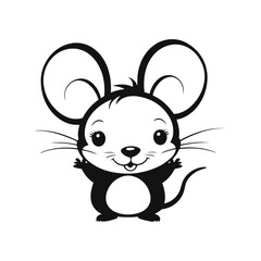 A black and white vector silhouette of a happy baby mouse looking up excitedly with a bright smile on a white background