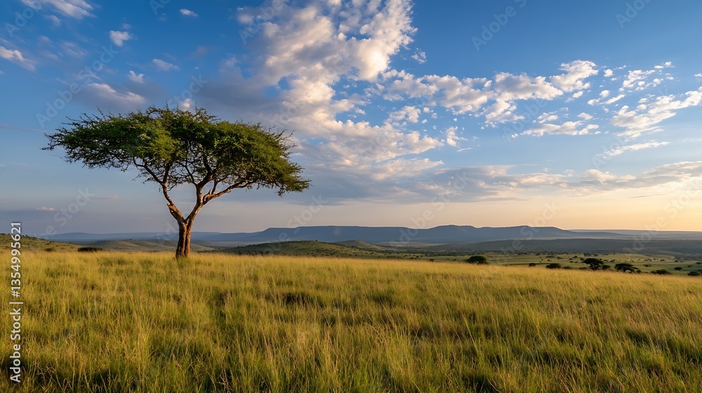 Poster isolated acacia tree stands tall in a golden grass field under a stunning sunset sky view : generati