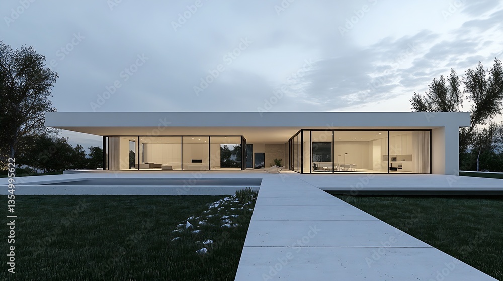 Aufkleber sleek modern house design surrounded by lush greenery in a picturesque setting at dusk : generative 