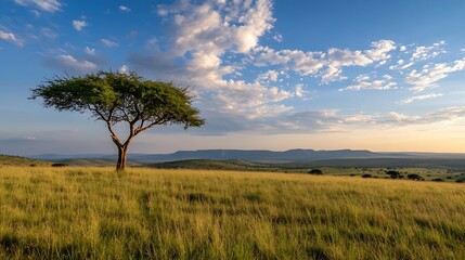 Obraz premium Isolated acacia tree stands tall in a golden grass field under a stunning sunset sky view : Generative AI