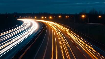 Long exposure of highway at night showcasing rapid light streaks from moving vehicles under starry sky : Generative AI