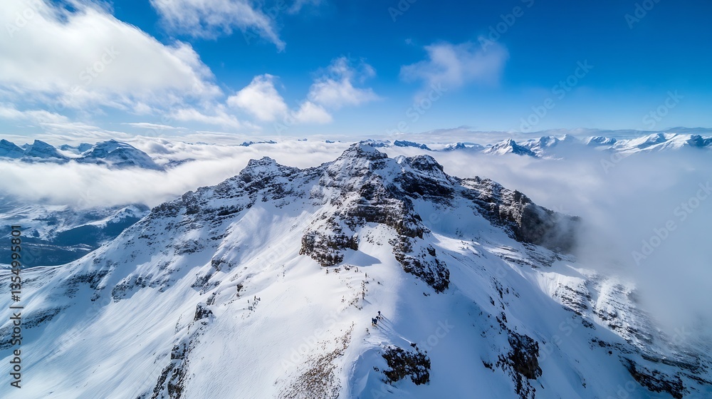 Poster breathtaking mountain view with snowcapped peaks and dramatic clouds under a clear blue sky : genera