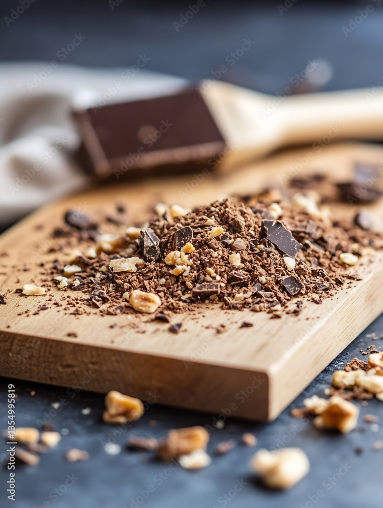 Poster chopped dark chocolate and walnuts displayed on a wooden board creating a rich dessert atmosphere : 