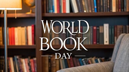 World Book Day elegant text with bookshelves and cozy reading space