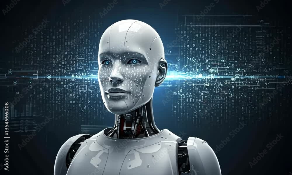 Aufkleber future of technology: a sleek, humanoid robot gazes thoughtfully with data streams, showcasing the e