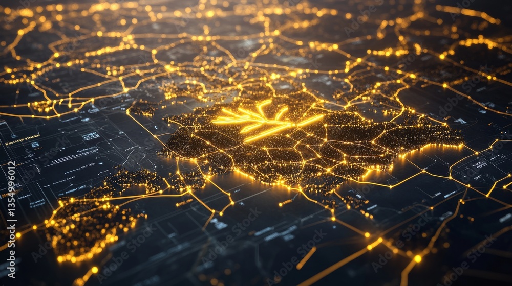 Poster a glowing network representation of the united kingdom, featuring golden lines and dots signifying d