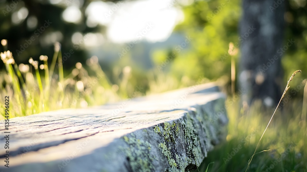 Aufkleber closeup of natural rustic wooden bench surrounded by soft grass and sunlight in a nature setting : g