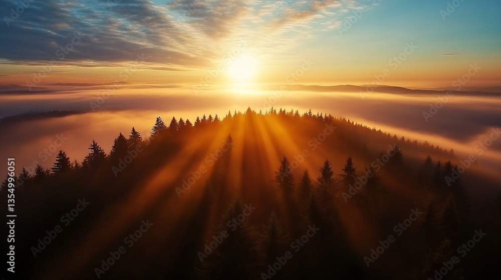 Poster stunning sunrise over tranquil forest landscape with rays of light breaking through the fog : genera