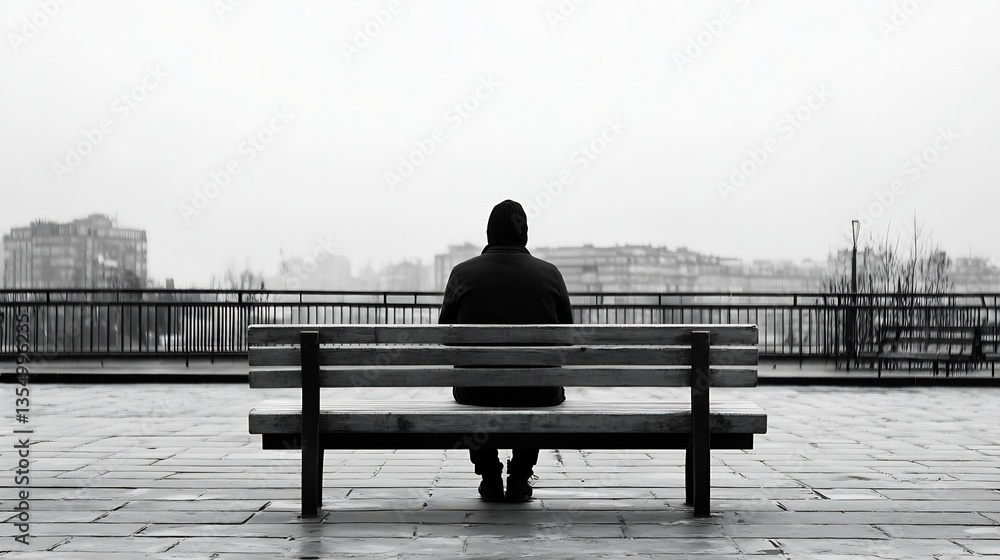 Poster Lonely figure sitting on a bench overlooking a gray cityscape in a tranquil moment of reflection : Generative AI