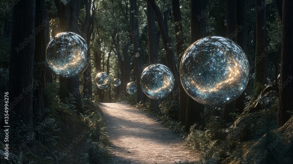 Poster a tranquil forest path is lined with luminescent orbs floating mid-air, creating an atmosphere fille