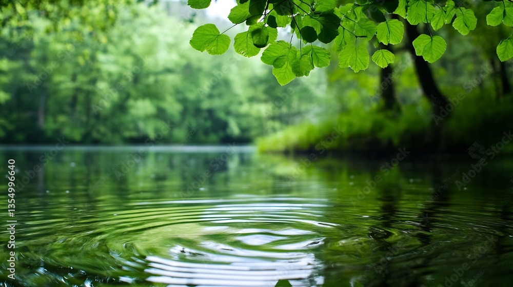 Poster serene view of a calm river reflecting greenery surrounded by lush trees and foliage creating a tran