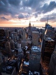 Stunning Aerial View of a Bustling City Skyline During Sunset with Dramatic Clouds : Generative AI