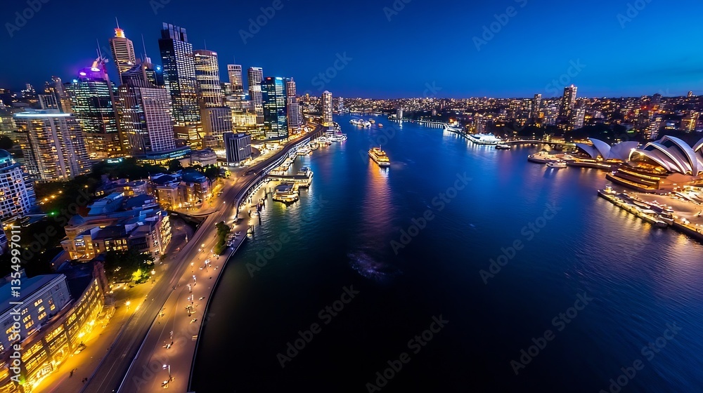Poster breathtaking night view of a vibrant city skyline illuminated by lights reflecting on a calm river :