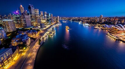 Breathtaking night view of a vibrant city skyline illuminated by lights reflecting on a calm river : Generative AI