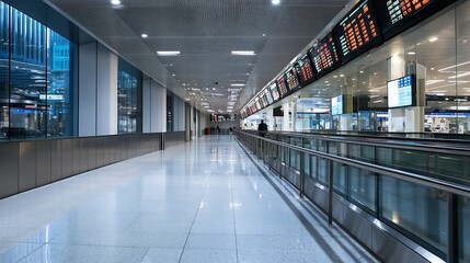 Obraz premium Empty modern airport terminal with information boards displaying travel details and schedules : Generative AI