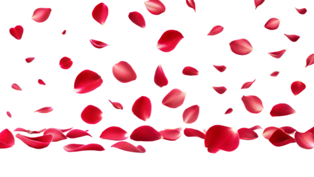 Flying red rose flower petals isolated on transparent background. Png