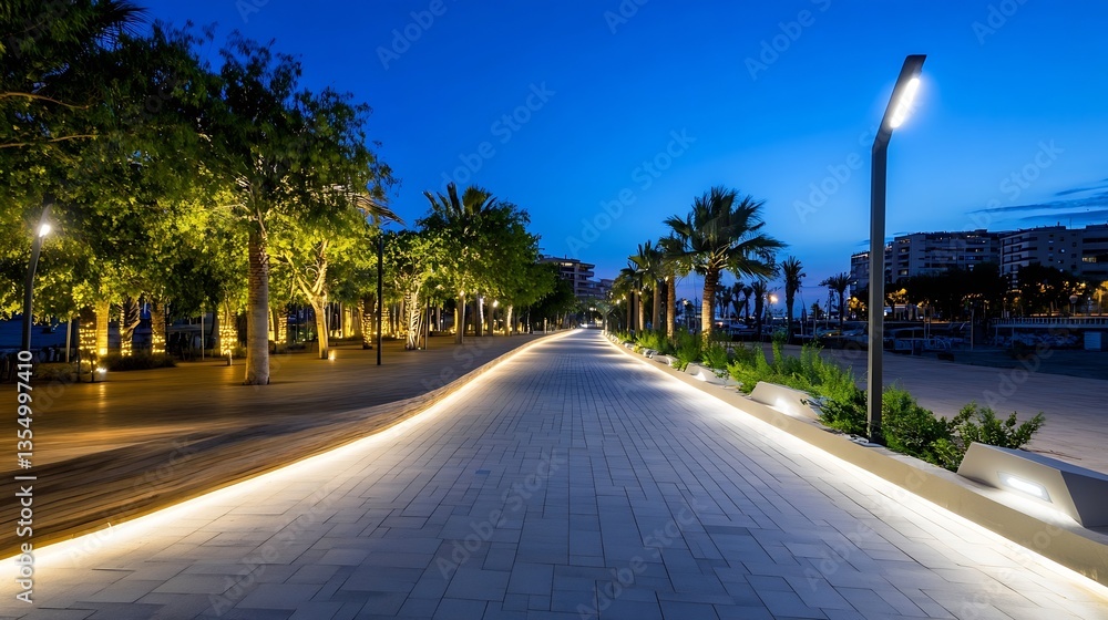 Poster serene nighttime walkway lined with palm trees and glowing lights in a coastal urban area : generati