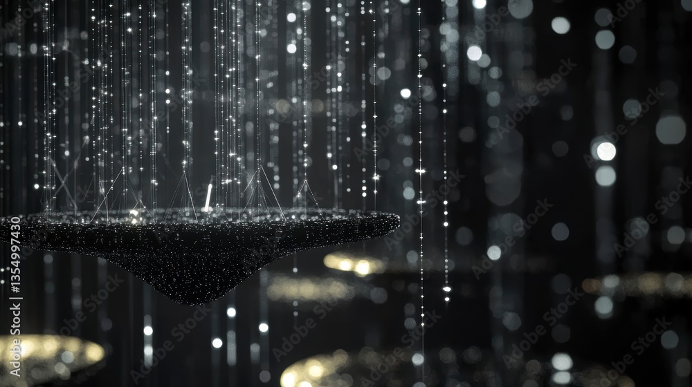 Poster Abstract dark background with glowing particles falling onto a floating island-like structure.