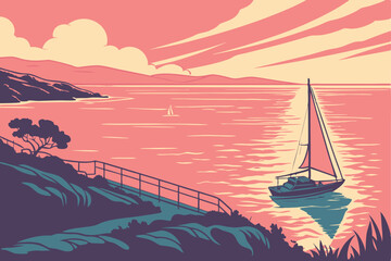 Naklejka premium 10 Breathtaking sunset over calm ocean, Vibrant pink and orange sky, Soft blue gradient, Rippling water reflection, Serene seascape, Distant horizon, Wispy clouds, Golden hour, Tranquil atmosphere, Hi