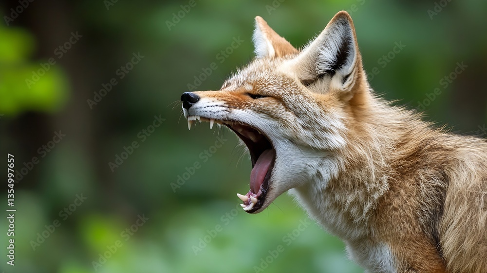 Poster majestic fox expressing fierce emotion with a wide open mouth in lush green surroundings : generativ