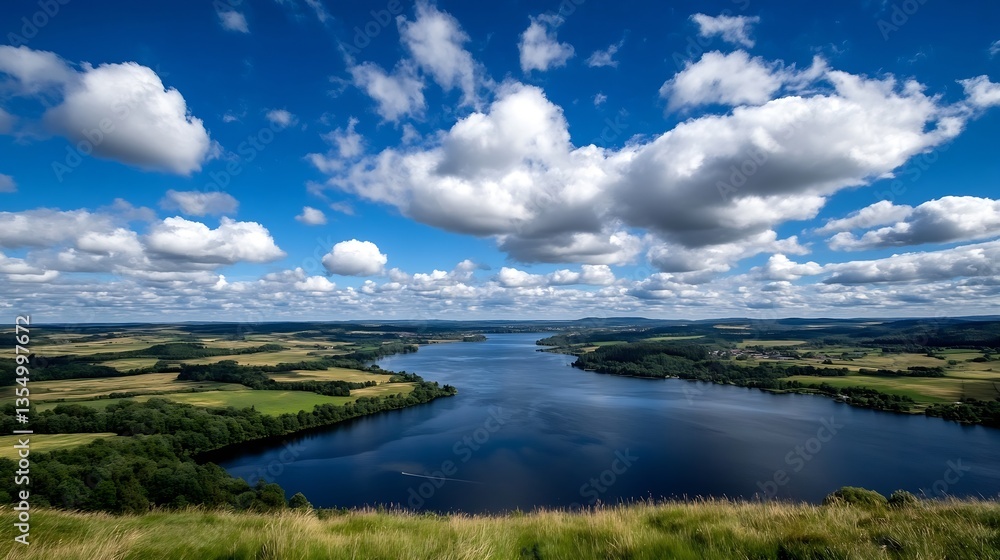Poster breathtaking panoramic view of a tranquil lake surrounded by rolling hills and dramatic clouds : gen