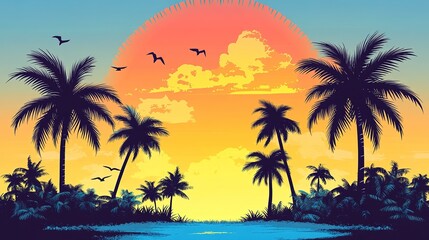 Obraz premium A silhouette of palm trees against a summer sunset sky.