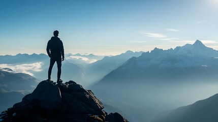 Silhouetted hiker on a mountain peak with scenic landscape