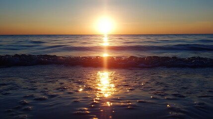 Fototapeta premium Breathtaking sunset over calm ocean water reflecting sunlight along the shore : Generative AI