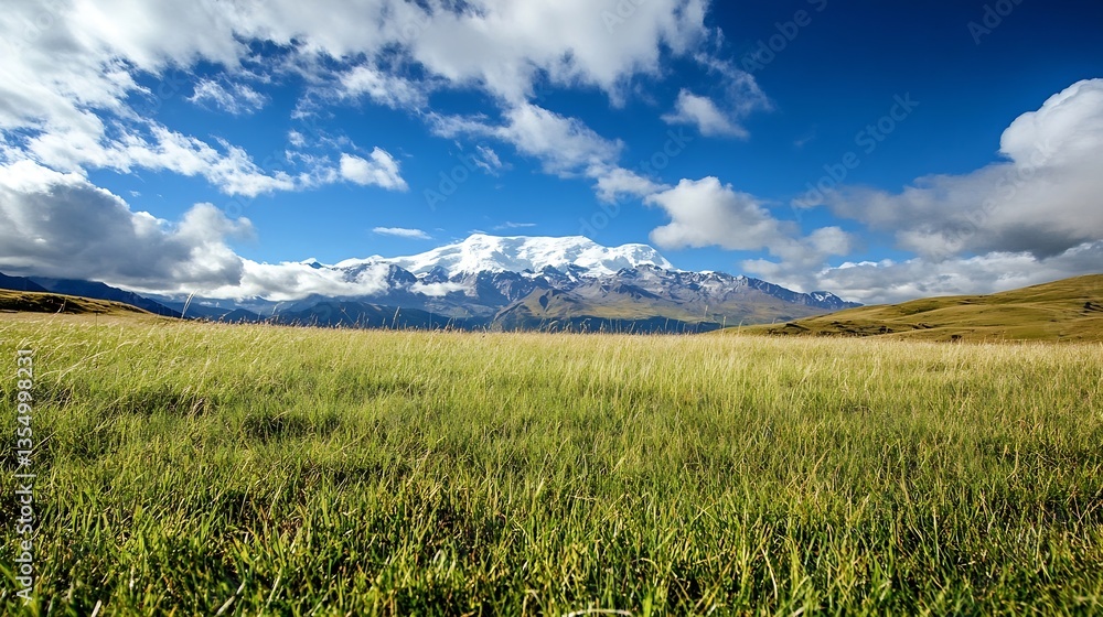 Poster lush green field in the foreground with snow capped mountains under a brilliant blue sky : generativ
