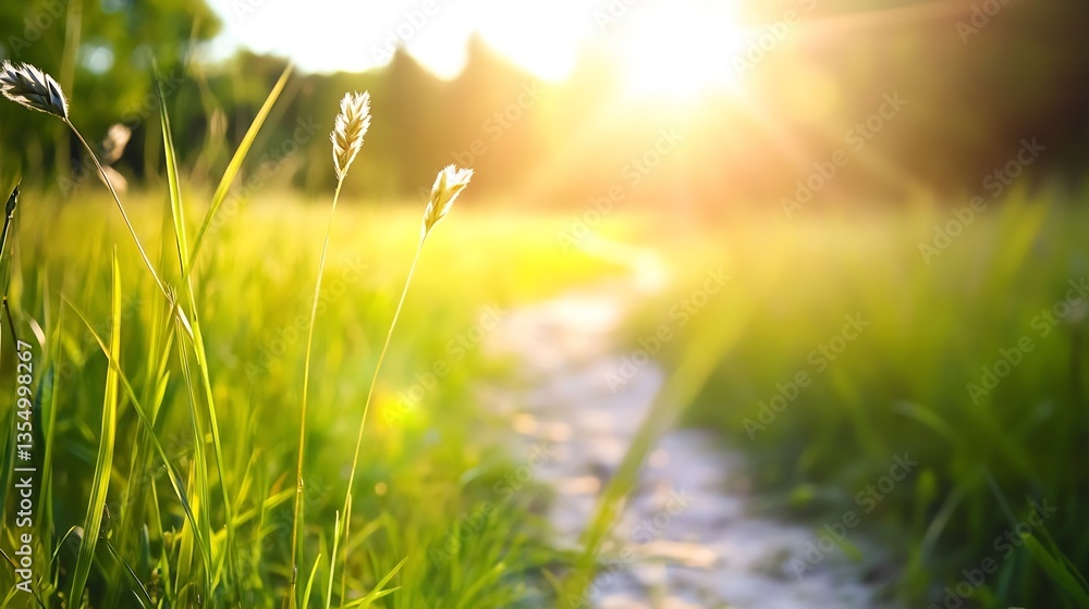 Poster closeup view of vibrant green grass illuminated by sunlight creating a serene nature scene : generat