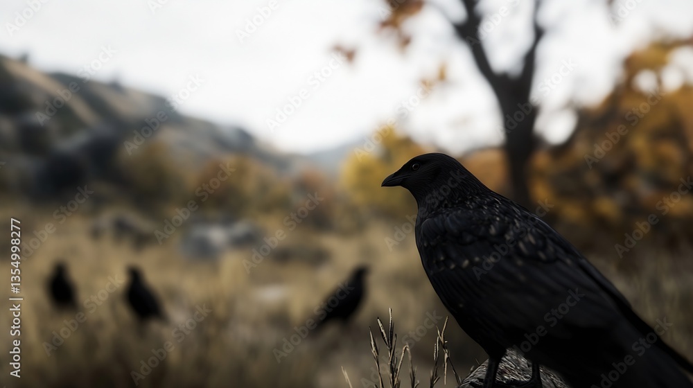 Poster close up of a black raven standing proudly in a scenic autumn landscape with blurred background : ge