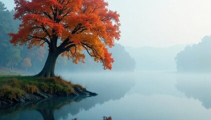 Fog swirls around the base of a tree near lake, nature, misty, reflection