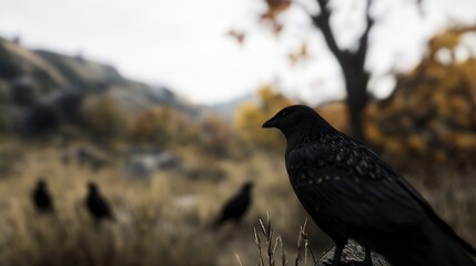 Fototapeta premium Close Up of a Black Raven Standing Proudly in a Scenic Autumn Landscape with Blurred Background : Generative AI