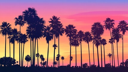 A silhouette of palm trees against a summer sunset sky.