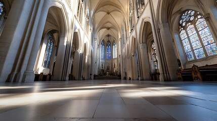 Fototapeta premium Stunning Interior of an Historic Cathedral Showcasing Architectural Grandeur and Beautiful Stained Glass : Generative AI