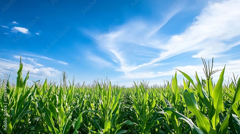 Poster vibrant cornfield stretching under a bright blue sky adorned with fluffy clouds and wispy patterns :